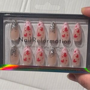 Nail Reformation Pink Butterfly Silver Glitter Medium Almond Press On Nails